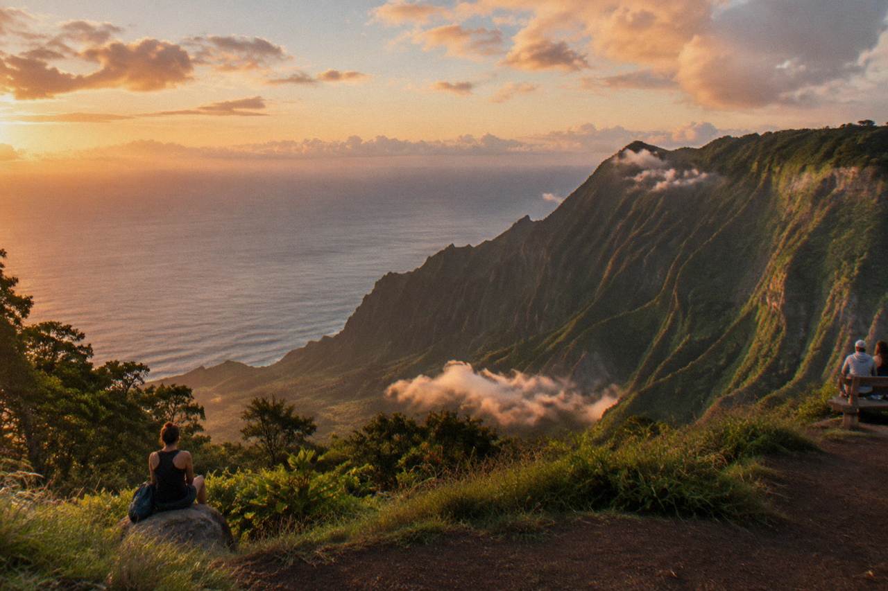 A calm ocean horizon with green cliffs rising along the Kauai coastline under scattered clouds