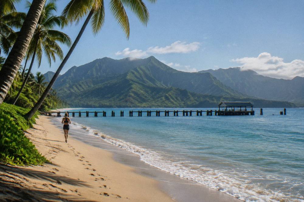 Turquoise ocean along a palm-lined Kauai shoreline in morning sun