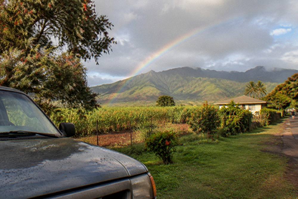 A rainbow appearing over green Kauai hills after a passing shower