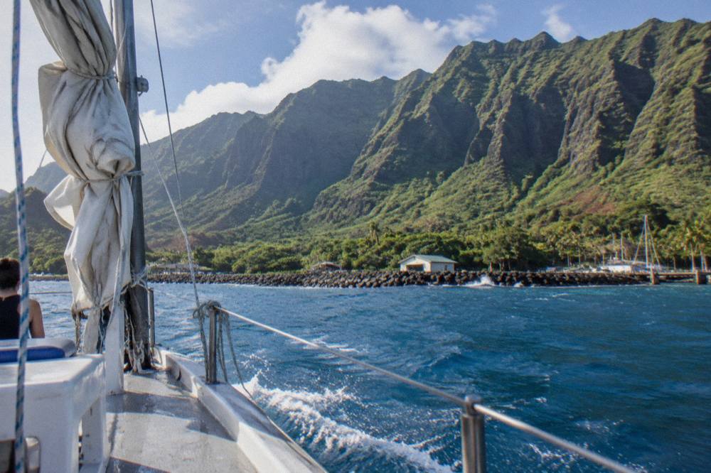 Catamaran sailing along tall green cliffs above blue ocean