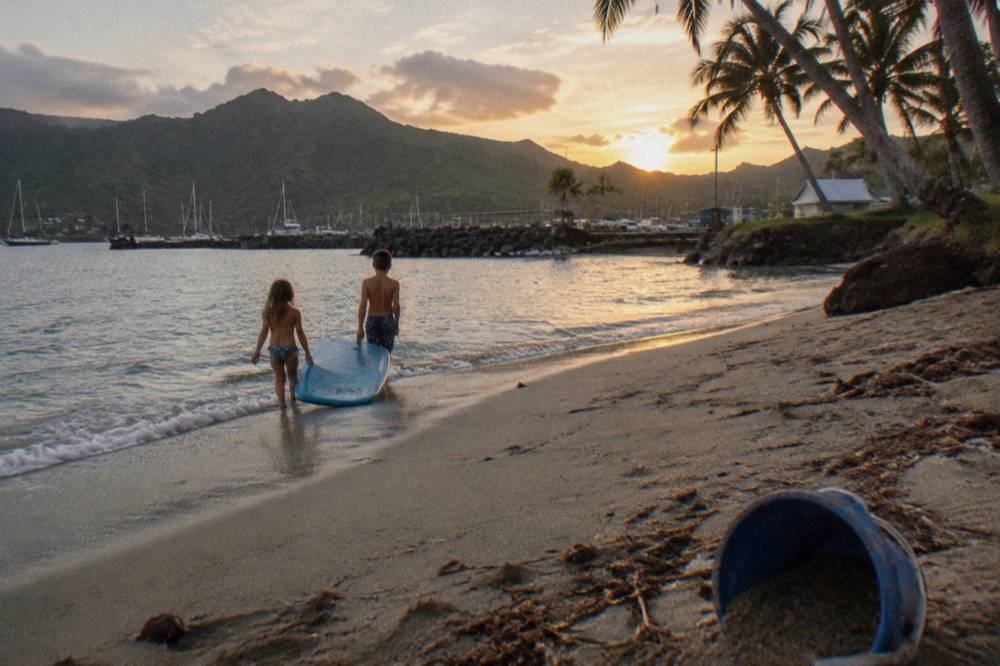 Wide sandy beach with gentle waves and palm trees along the shore