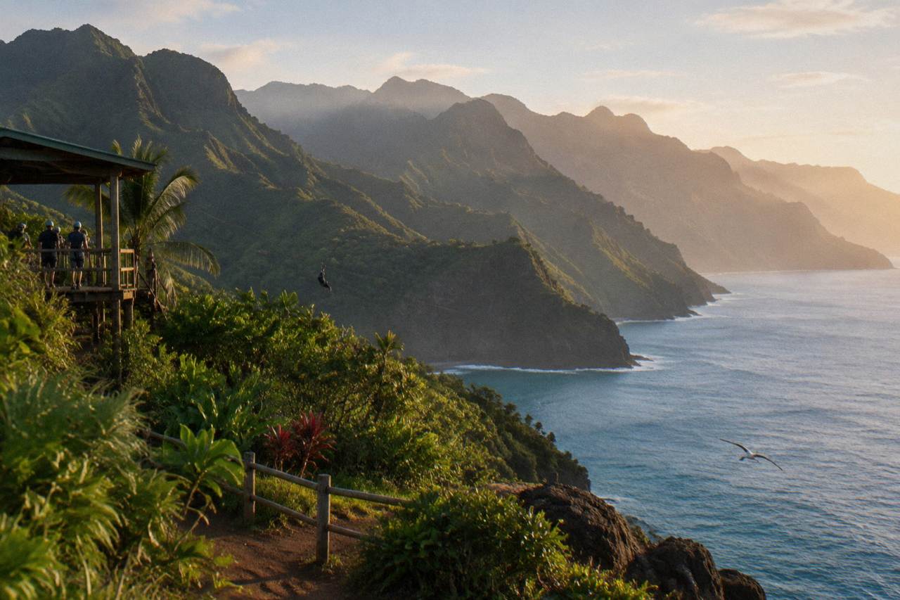 Green sea cliffs of the Na Pali coast rising above calm blue ocean water