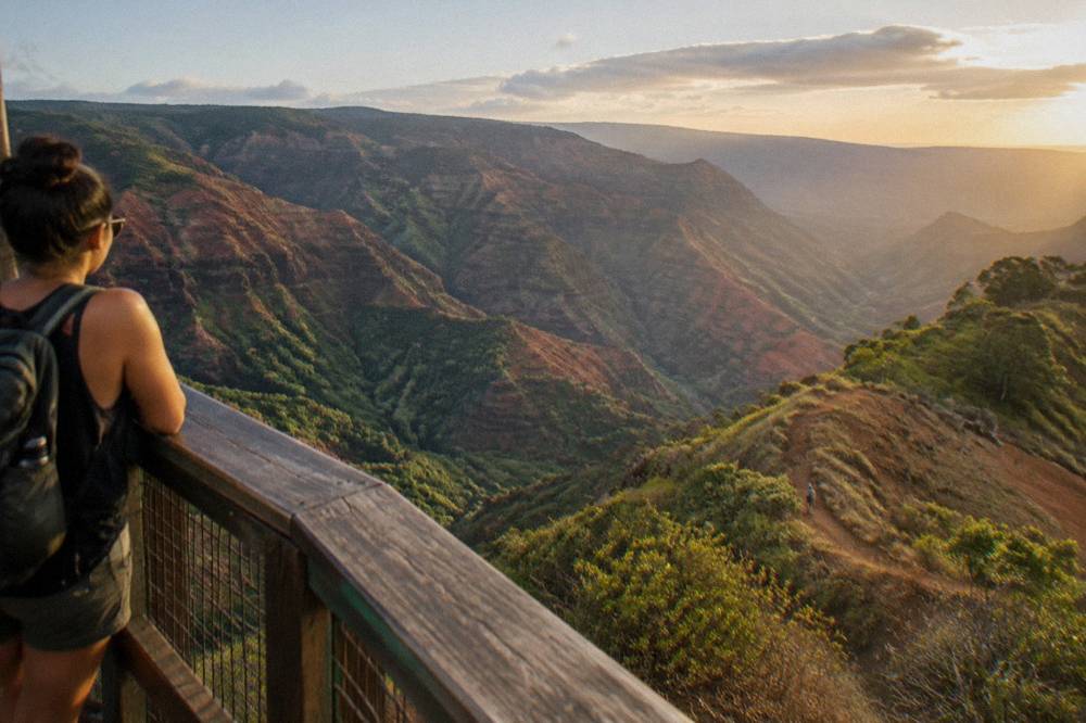 Wooden lookout platform at a canyon edge with wide red gorge beyond