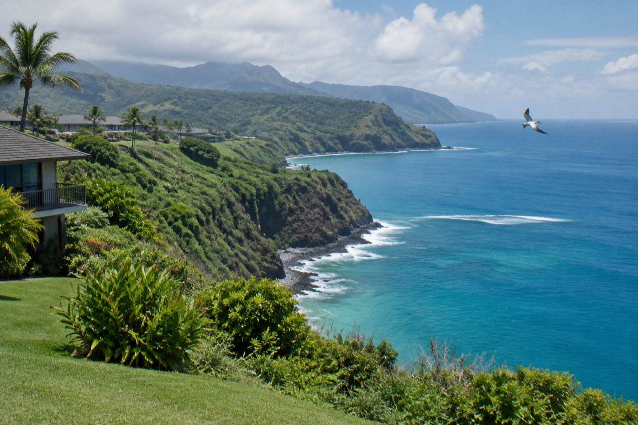 Coastline of Kauai with green cliffs rising above a calm blue ocean at midday
